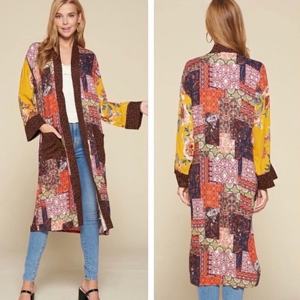 Oddy Boho Patchwork Kimono Duster Longline Cardig… - image 1
